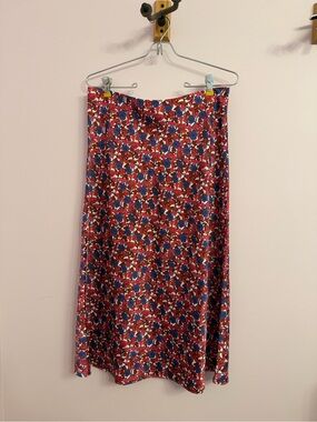 J. Crew Red Floral Midi Skirt with Blue Accents